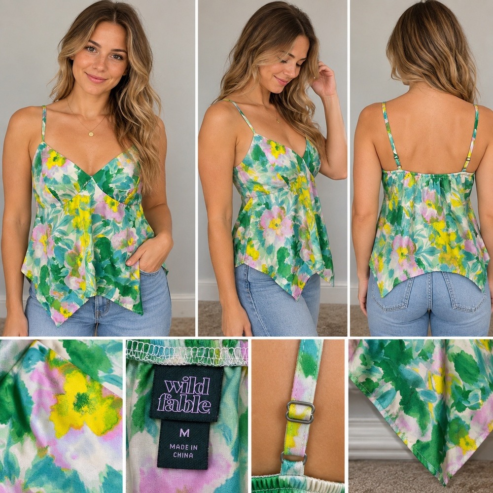Wild Fable Cami Top Floral Handkerchief Hem Recycled Polyester Boho Size M